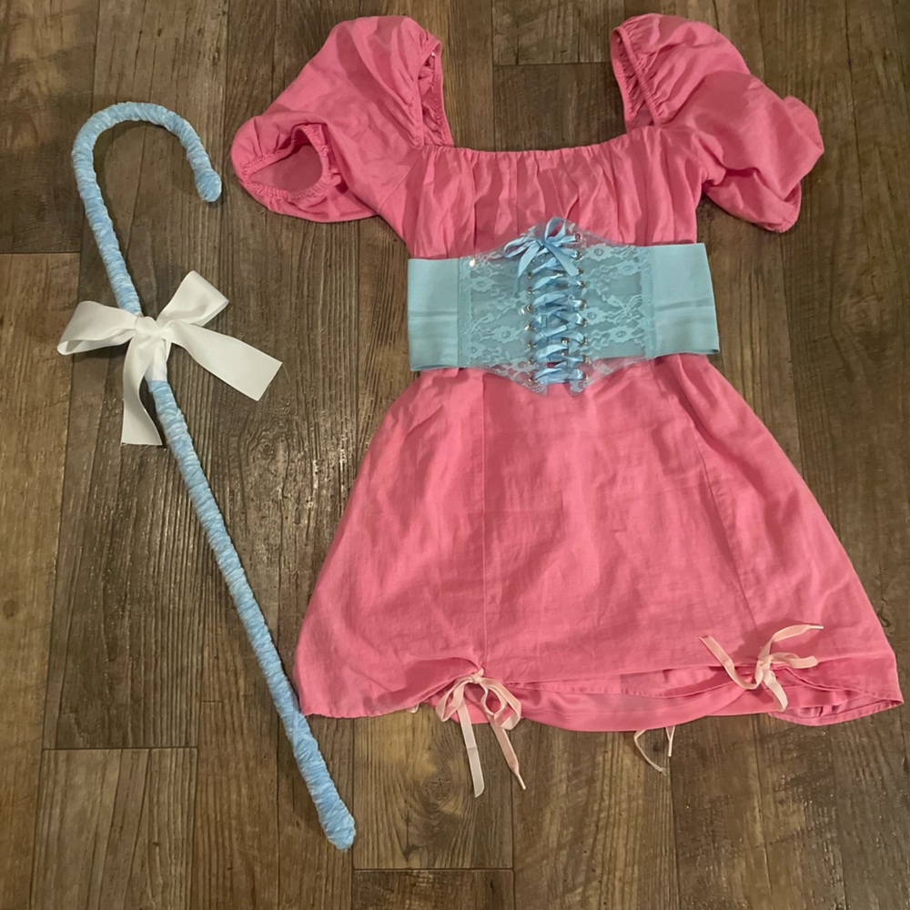 Charming “Bo Peep” inspired partially handmade Pink dress w/ staff costume